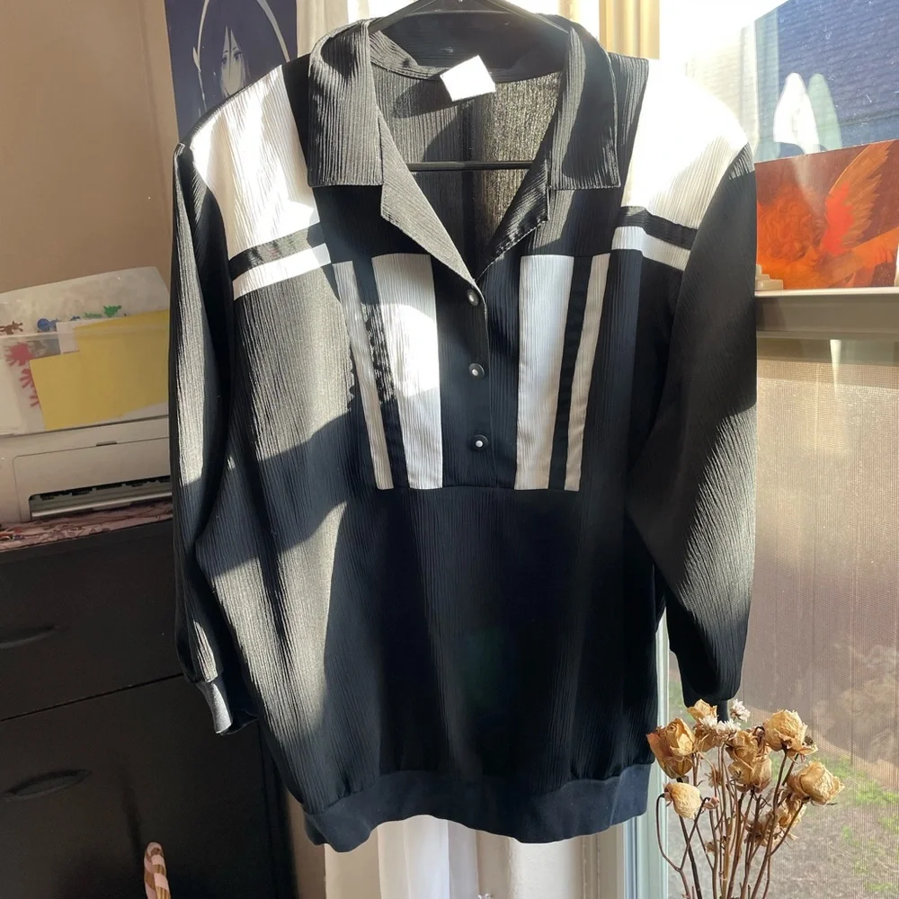 Vintage 80s retro color block casual black and white top - Picture 4 of 13